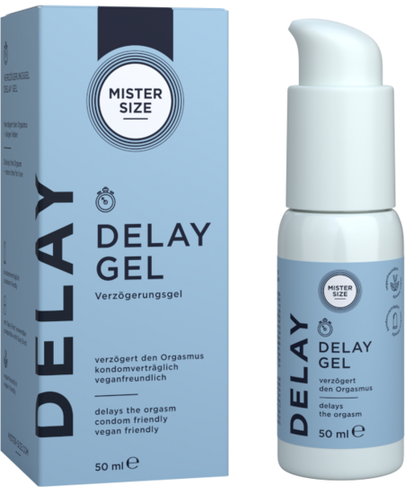 Mister Size Delay Gel karton og pumpedispenserflaske