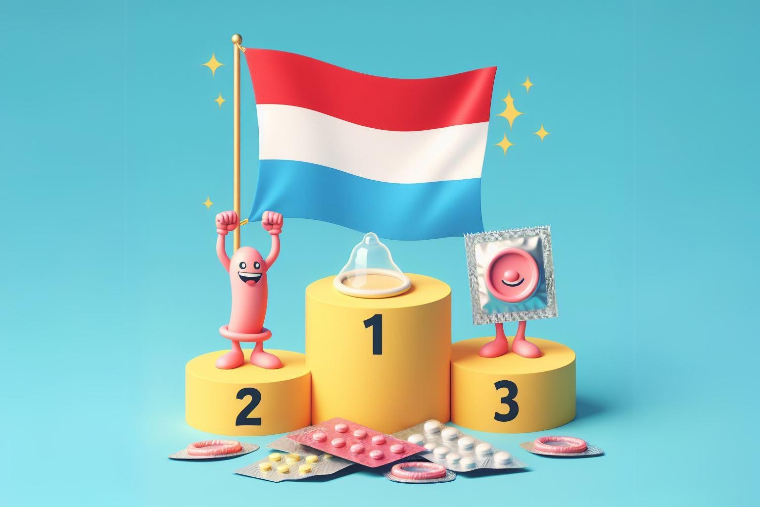 Luxembourgs flag som nummer 1 på et vinderpodium om prævention