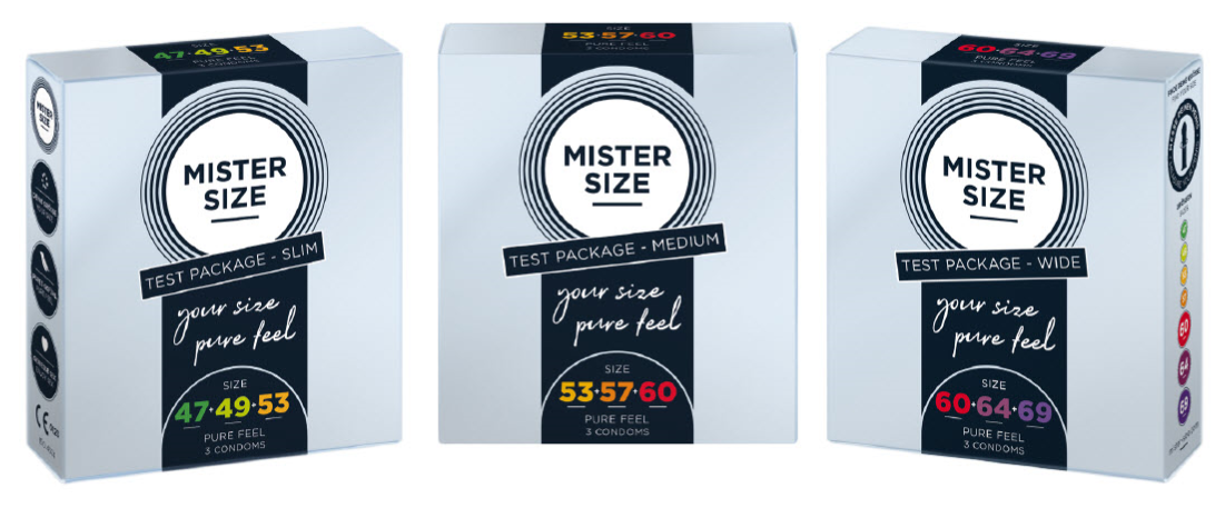 Tre forskellige Mister Size kondom-testpakker