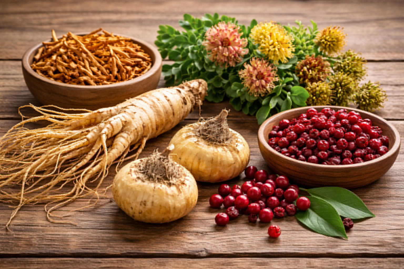 Ingredienser i mange urtebaserede seksuelle forstærkere: Ginseng, Cordyceps, Rhodiola, Schisandra og Maca